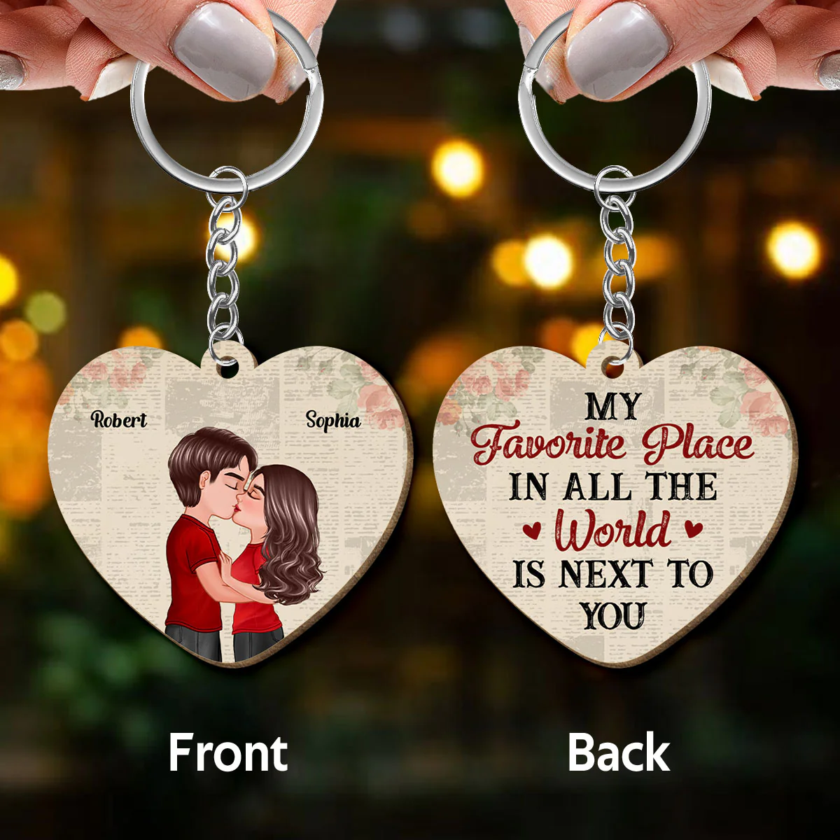 Favorite Place In All The World Couple Kissing Personalized Heart Shaped Wooden Keychain - Image 3