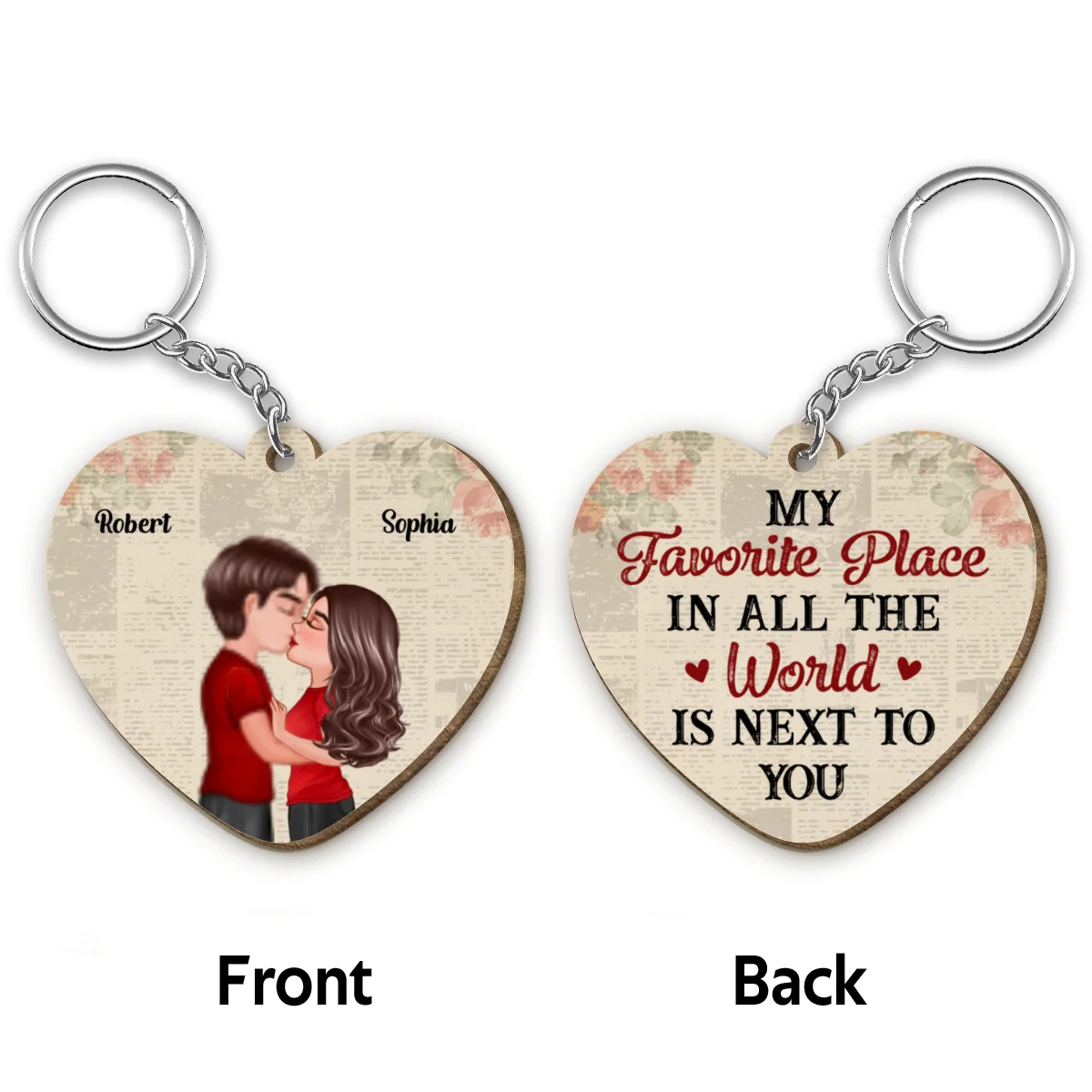 Favorite Place In All The World Couple Kissing Personalized Heart Shaped Wooden Keychain - Image 5