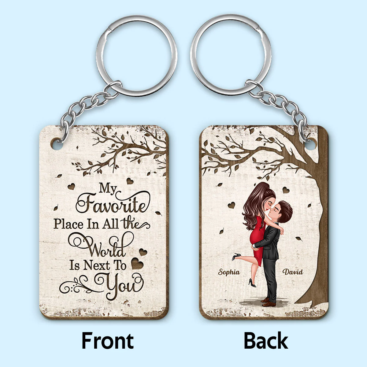 Favorite Place In The World Couple Kissing Personalized Wooden Keychain