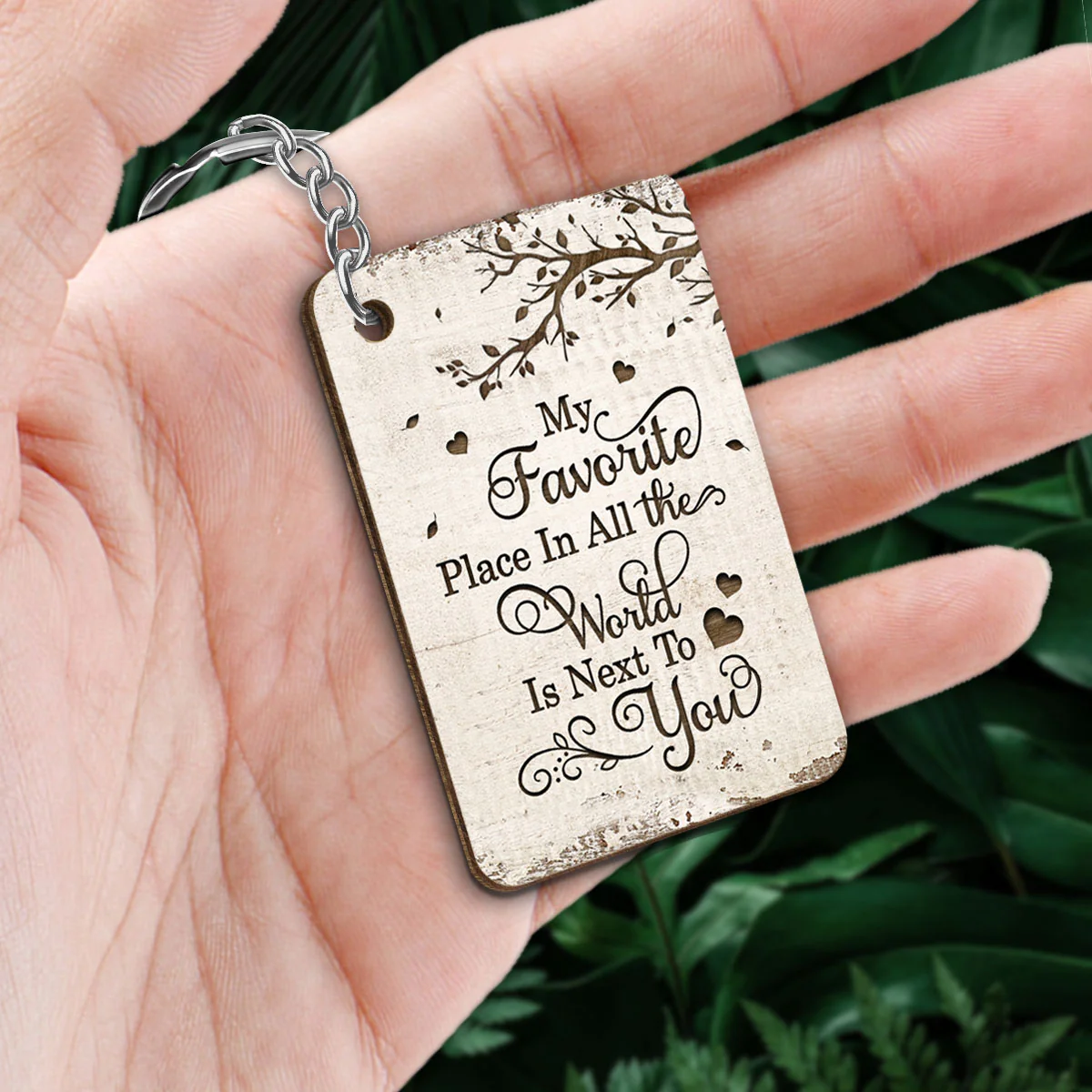 Favorite Place In The World Couple Kissing Personalized Wooden Keychain - Image 2