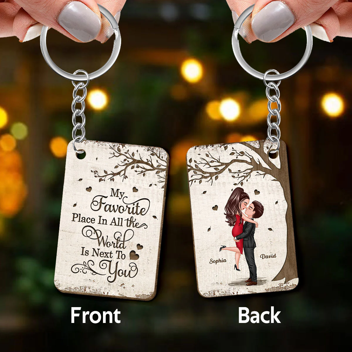 Favorite Place In The World Couple Kissing Personalized Wooden Keychain - Image 3