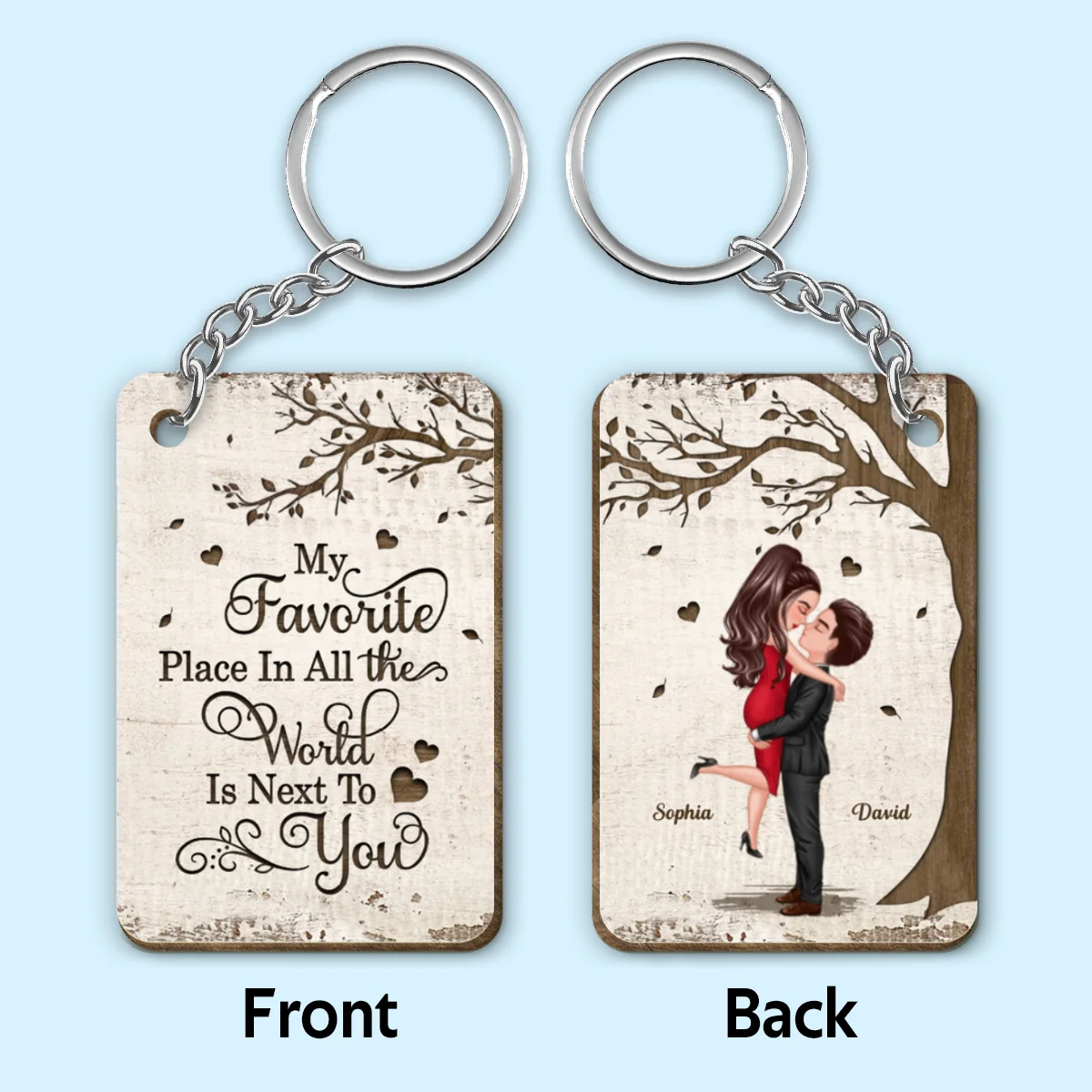 Favorite Place In The World Couple Kissing Personalized Wooden Keychain - Image 4