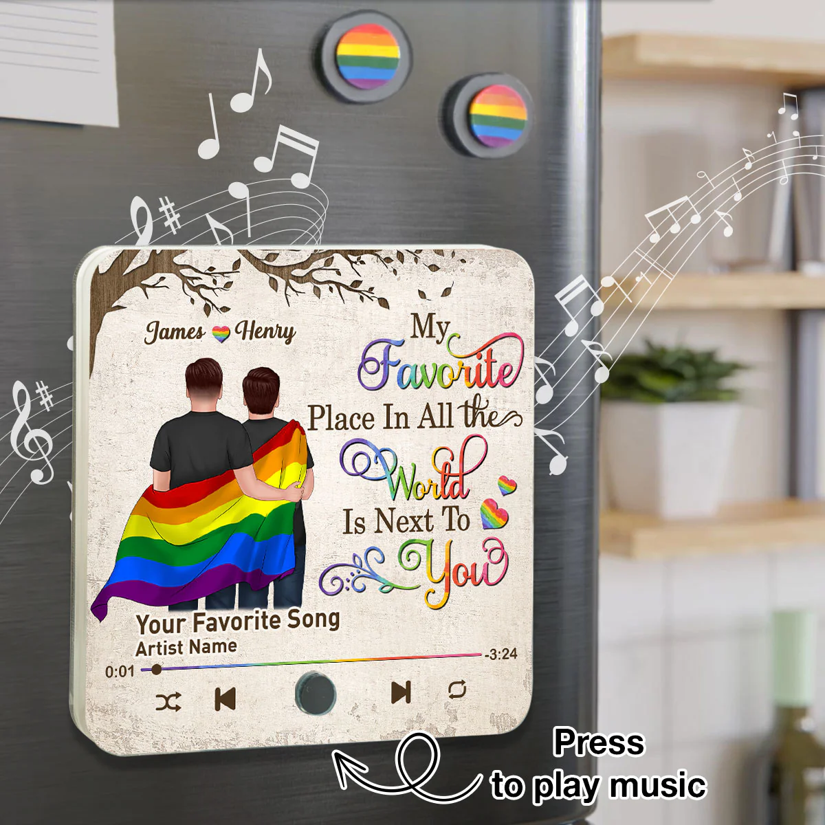 Favorite Place In The World LGBT Couple Standing Back View Personalized Music Fridge Magnet - Image 10