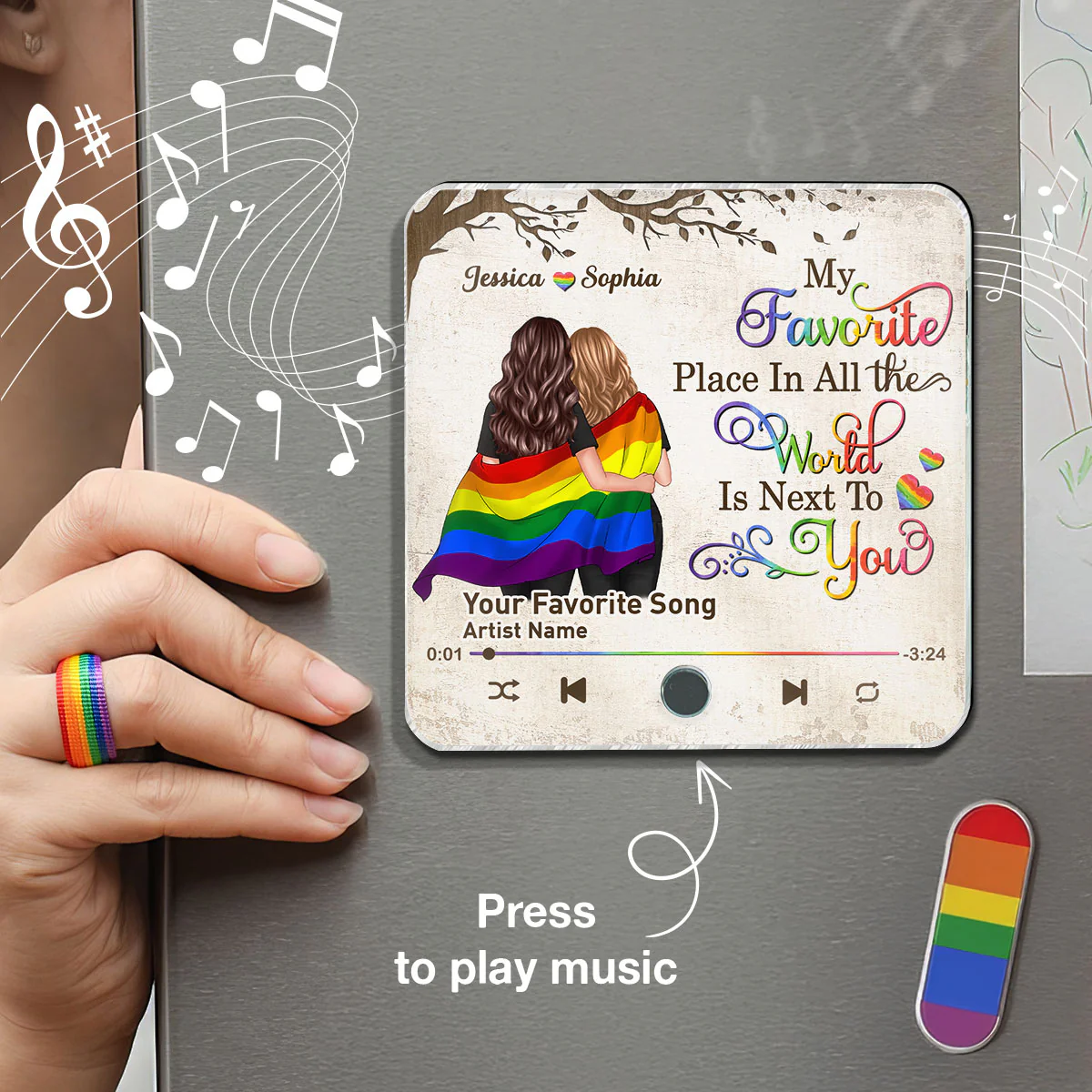 Favorite Place In The World LGBT Couple Standing Back View Personalized Music Fridge Magnet - Image 3