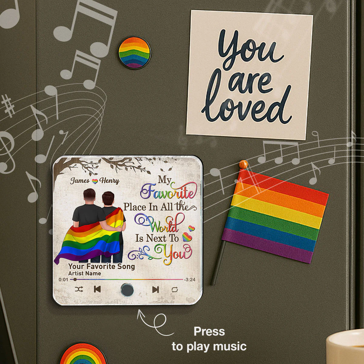 Favorite Place In The World LGBT Couple Standing Back View Personalized Music Fridge Magnet - Image 4