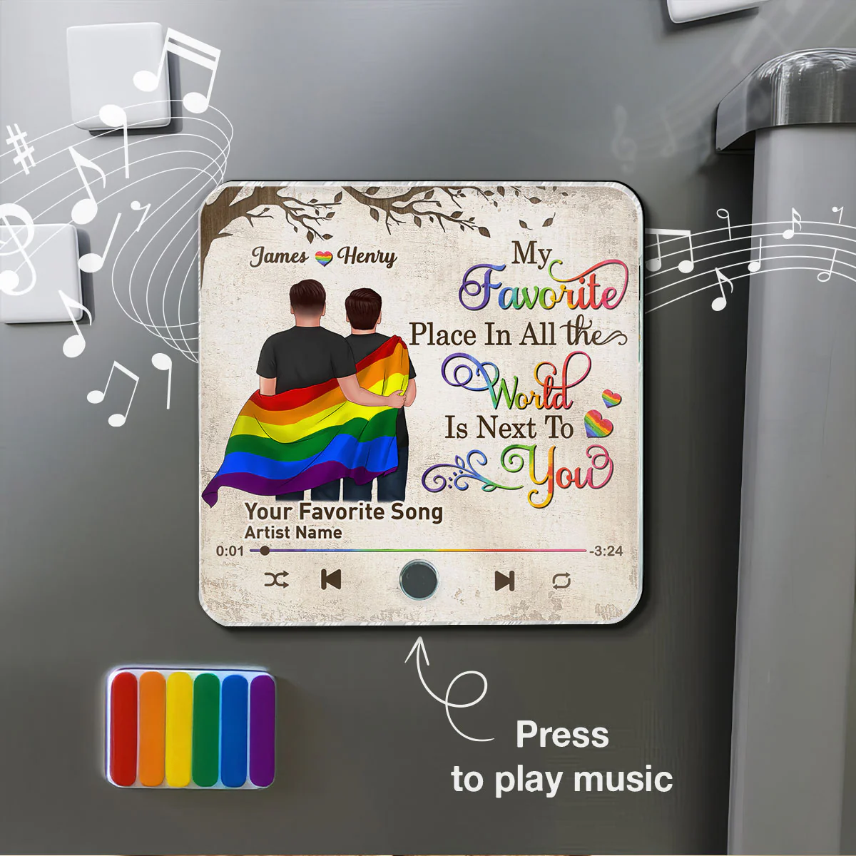 Favorite Place In The World LGBT Couple Standing Back View Personalized Music Fridge Magnet - Image 8