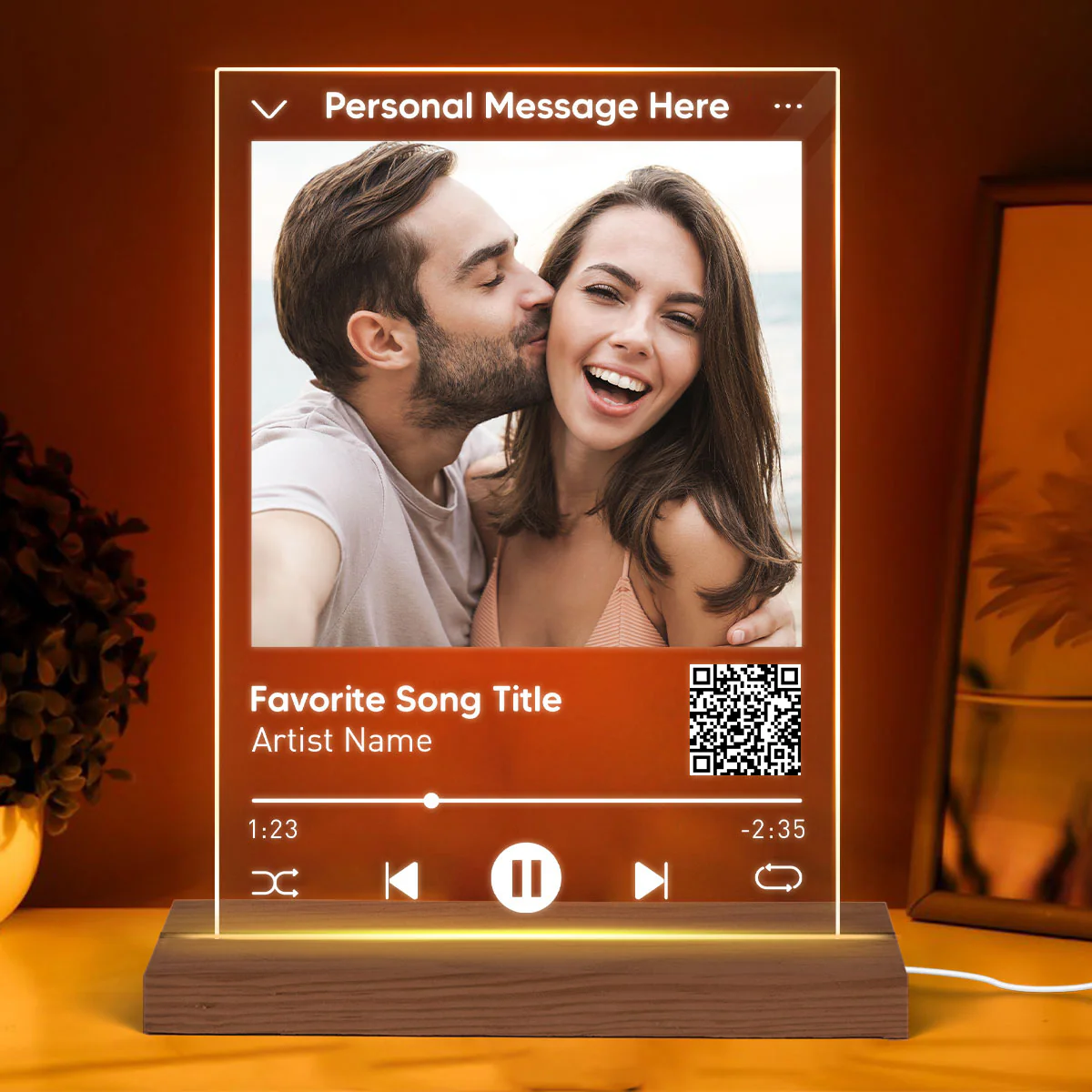 Favorite Song & Photo Scannable QR Code Personalized Rectangle Acrylic Plaque With LED Night Light - Gift For Her - Gift For Him - Image 3