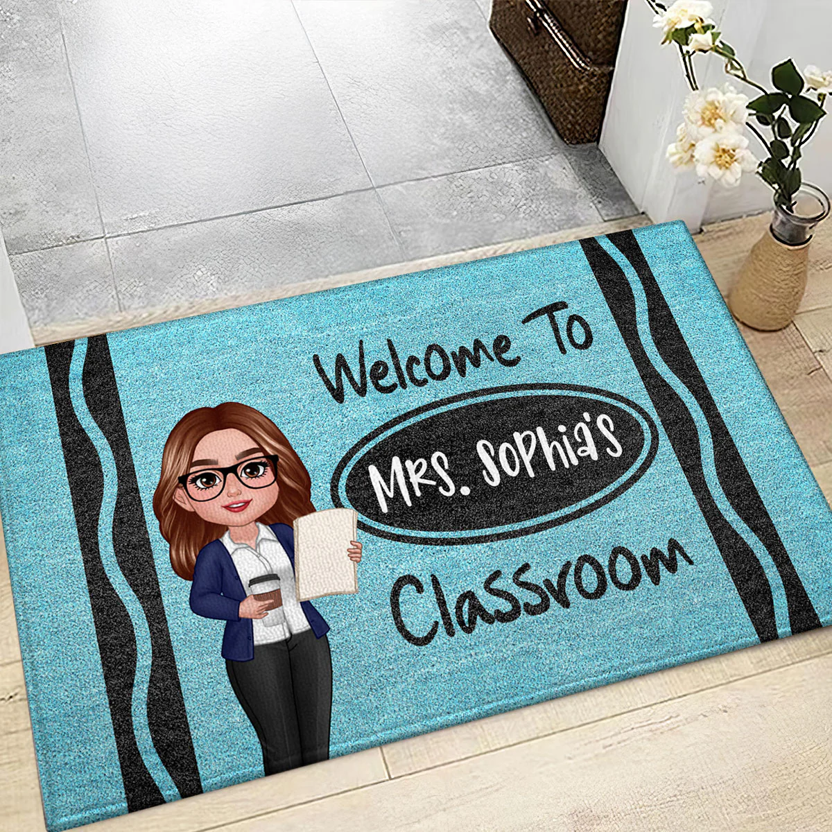Female Male Teacher Crayon Pattern Welcome To Office Personalized Doormat| Back To School Gift, Classroom Decoration - Image 9