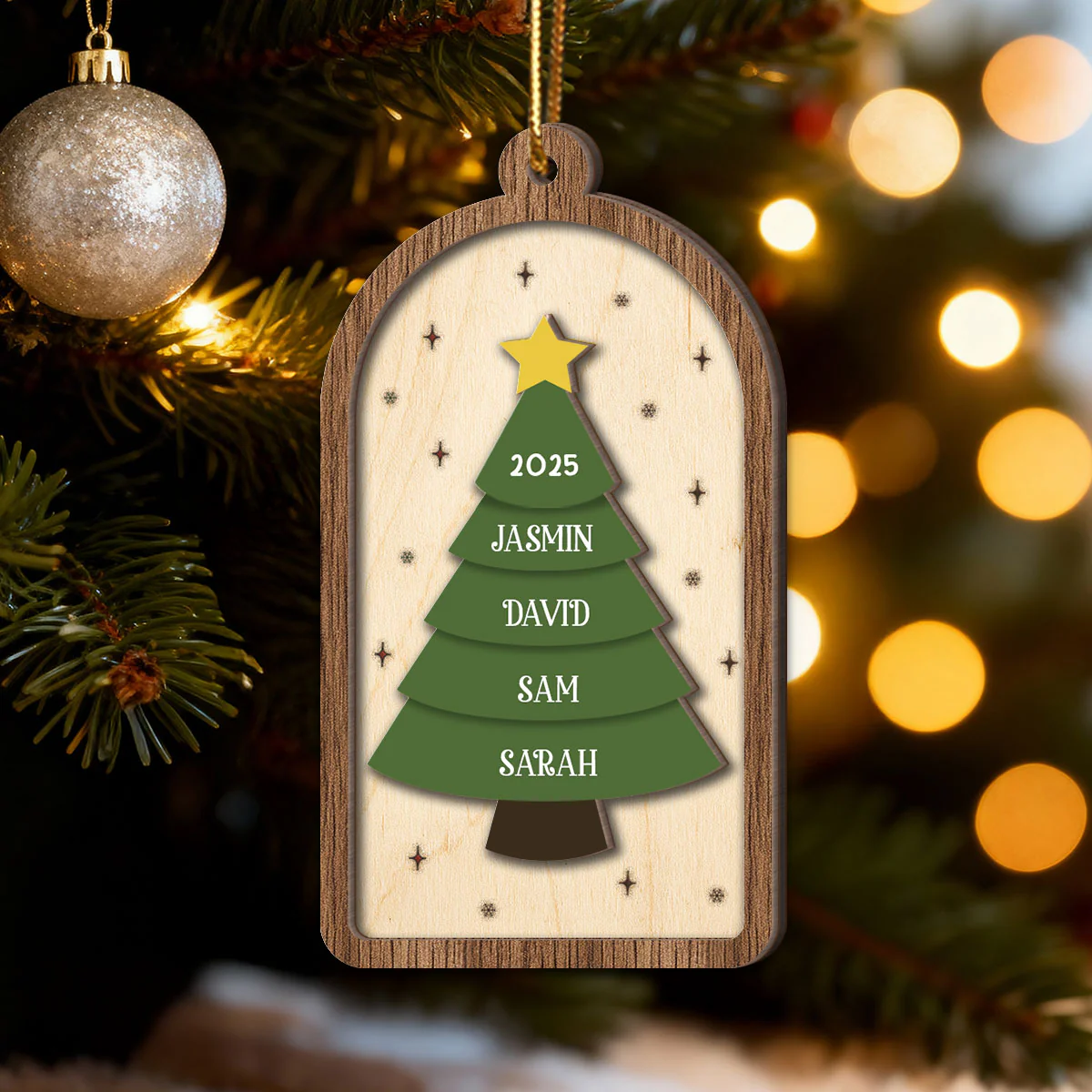 Festive Christmas Tree Family Names - Personalized 2-Layered Wooden Ornament - Image 2
