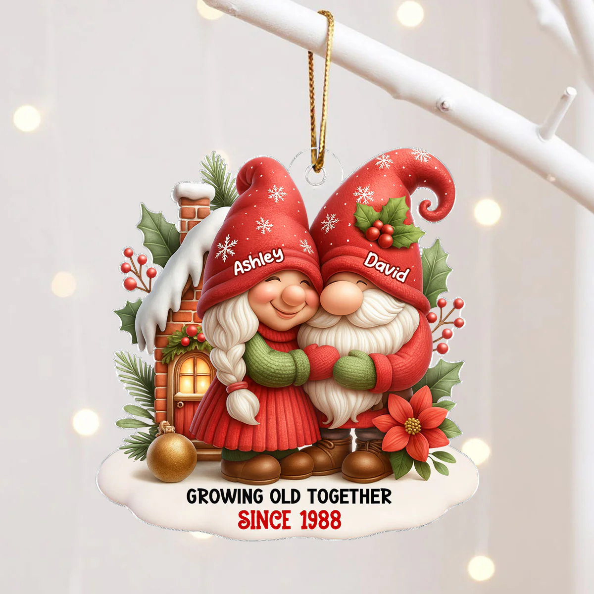 Festive Gnome Couple Love in Winter Wonderland Personalized Acrylic Ornament, Christmas Gift for him, Gift for her - Image 3