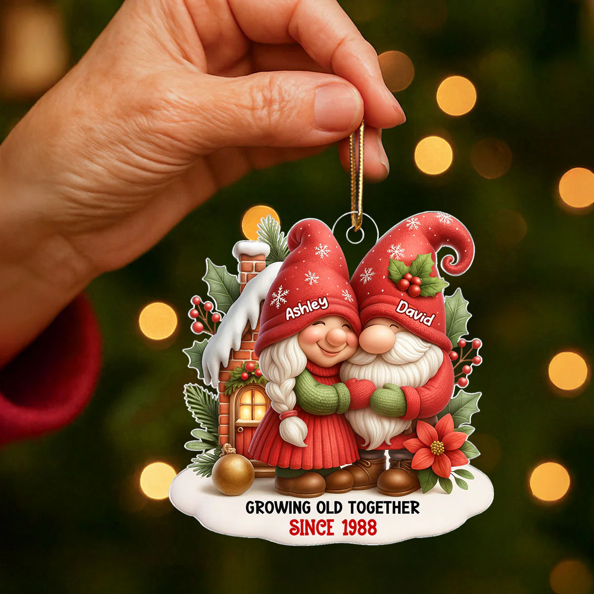Festive Gnome Couple Love in Winter Wonderland Personalized Acrylic Ornament, Christmas Gift for him, Gift for her - Image 4