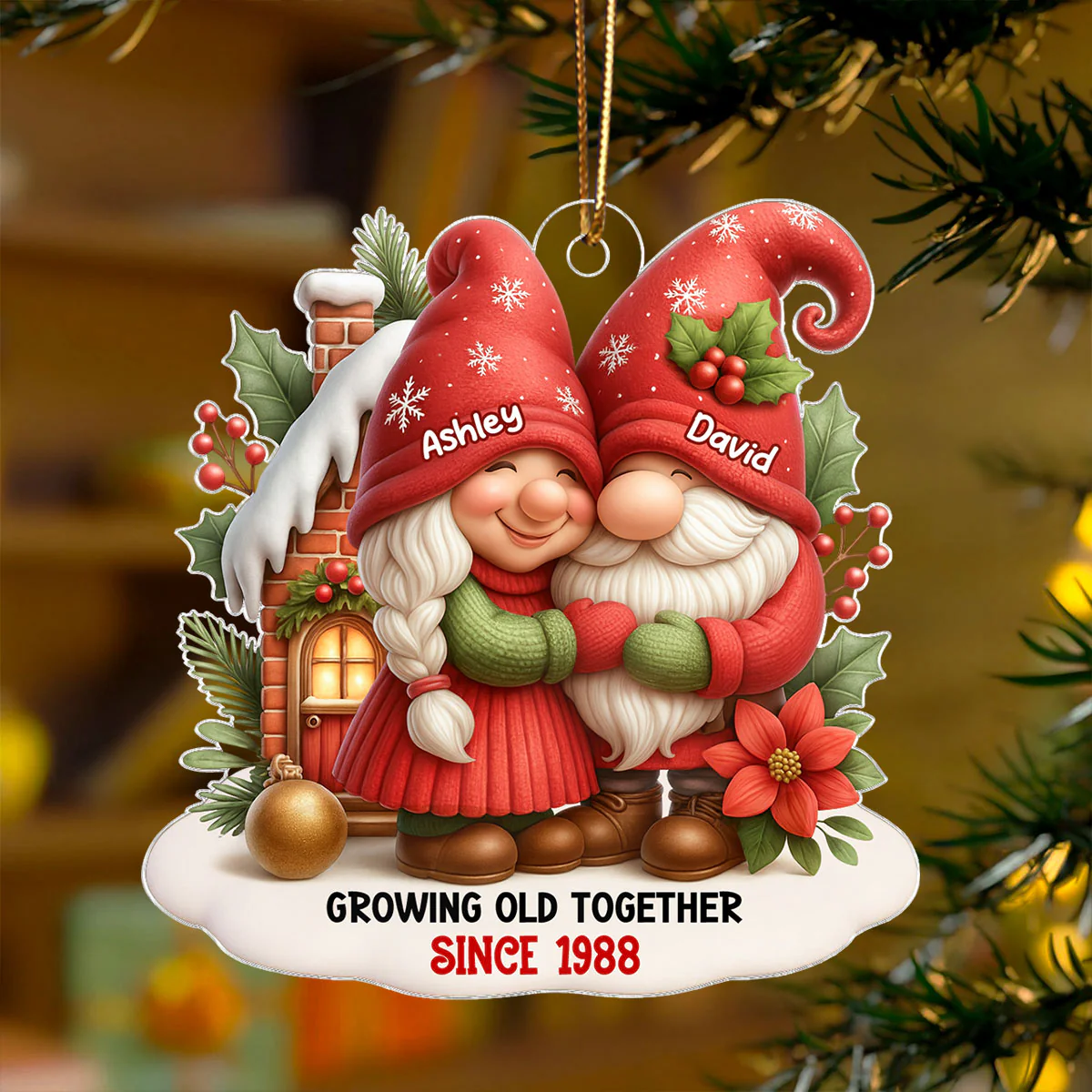 Festive Gnome Couple Love in Winter Wonderland Personalized Acrylic Ornament, Christmas Gift for him, Gift for her - Image 5