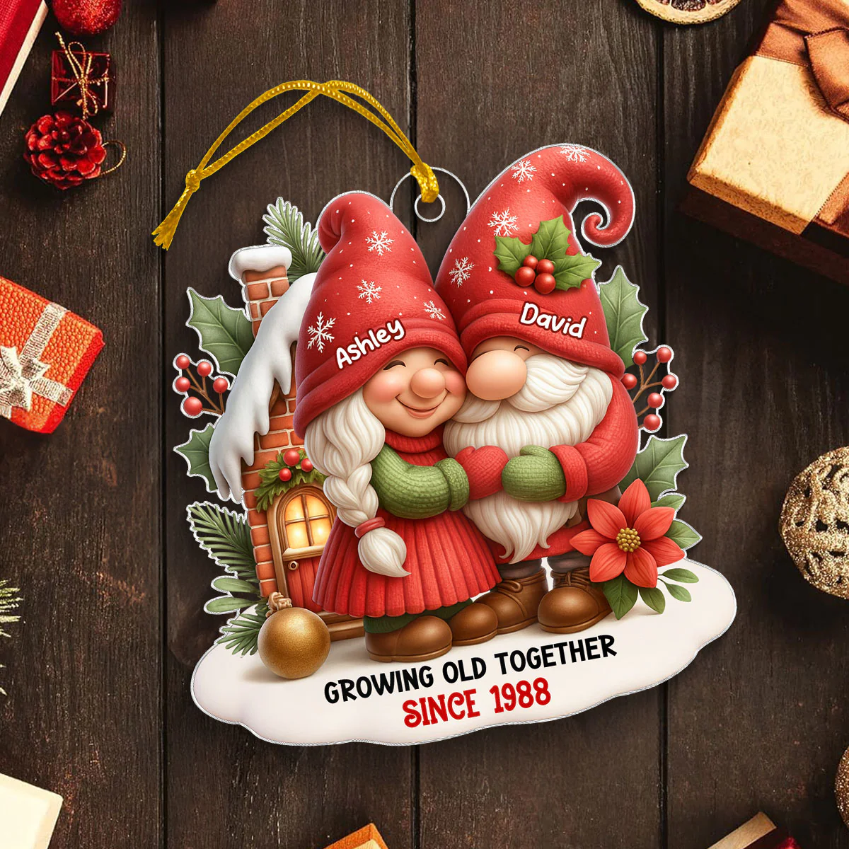 Festive Gnome Couple Love in Winter Wonderland Personalized Acrylic Ornament, Christmas Gift for him, Gift for her - Image 6