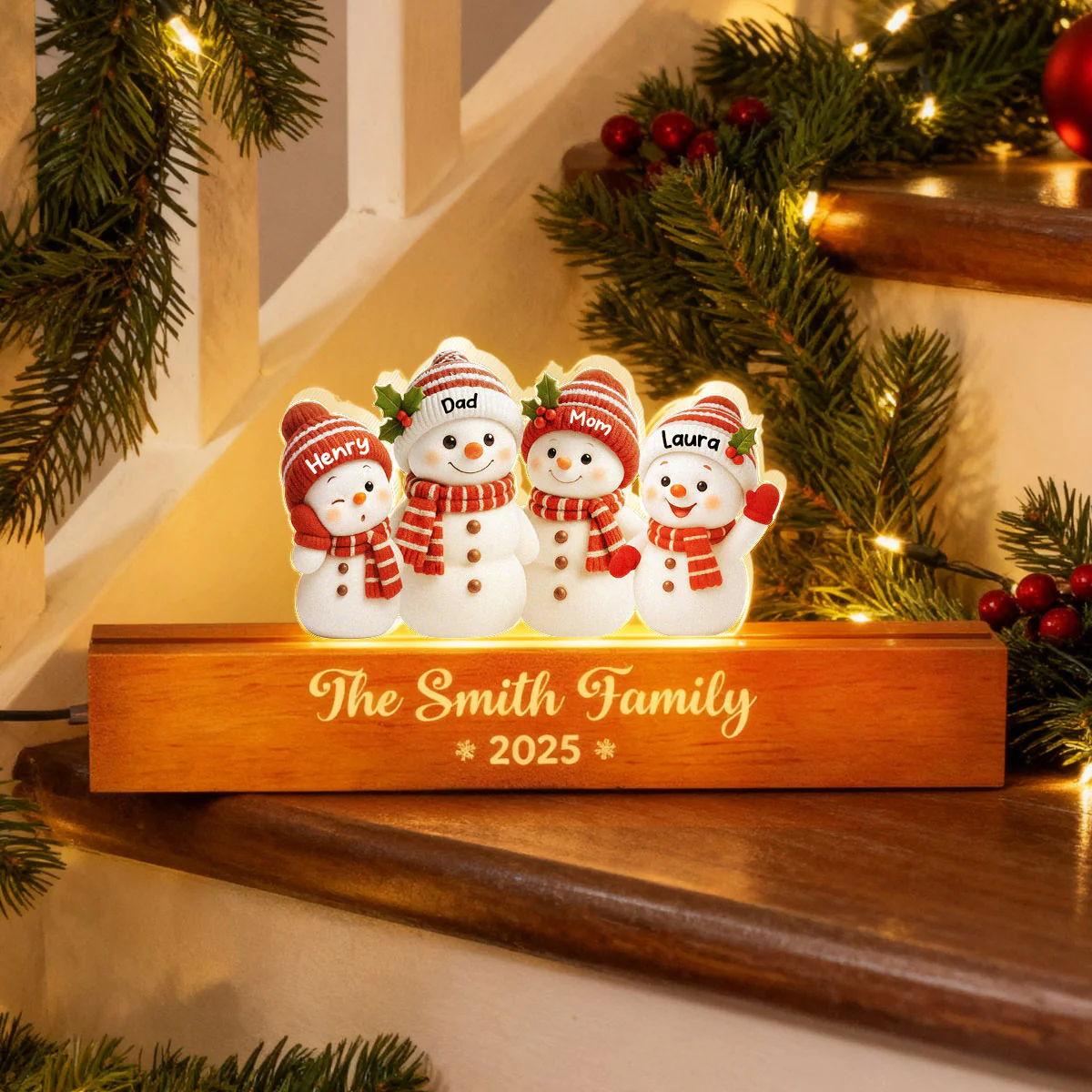 Festive Snowman Family Members - Personalized Acrylic Block Plaque LED Night Light - Christmas Gift for Family - Image 7