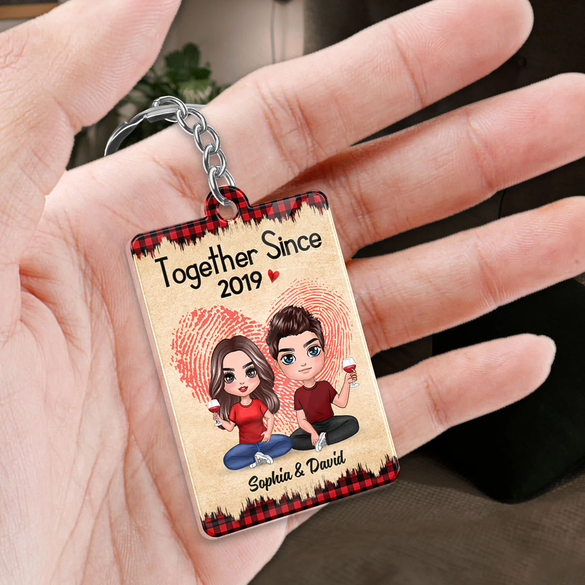 Fingerprint Checkered Pattern Doll Couple Sitting Favorite Song Scannable QR Code Personalized Acrylic Keychain - Image 2