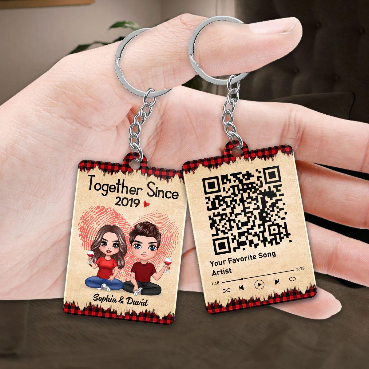 Fingerprint Checkered Pattern Doll Couple Sitting Favorite Song Scannable QR Code Personalized Acrylic Keychain - Image 3
