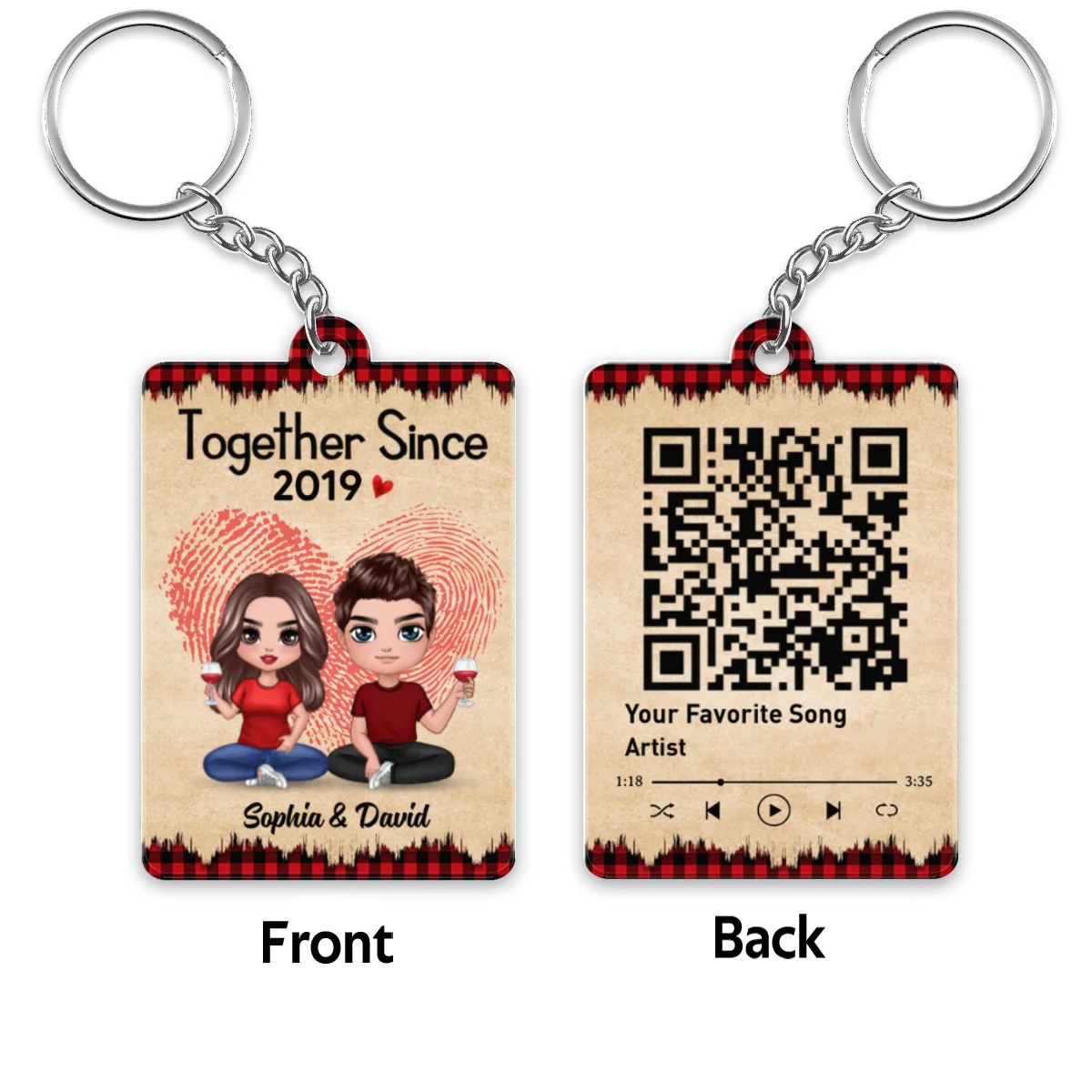 Fingerprint Checkered Pattern Doll Couple Sitting Favorite Song Scannable QR Code Personalized Acrylic Keychain - Image 4