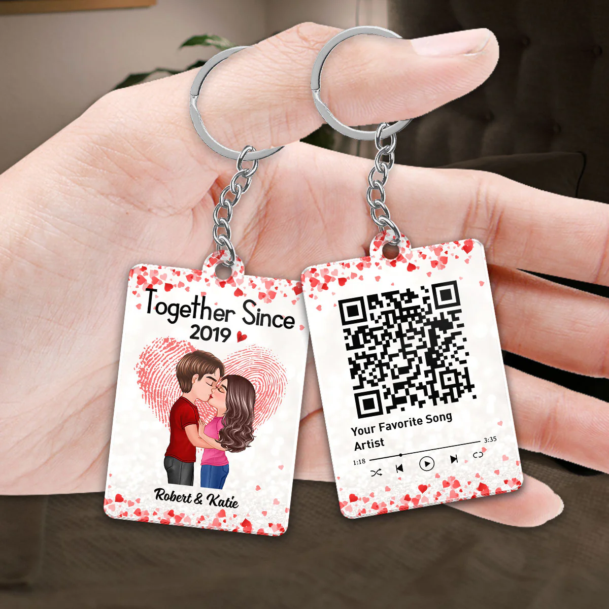 Fingerprint Doll Couple Kissing Favorite Song Scannable QR Code Personalized Acrylic Keychain - Image 3