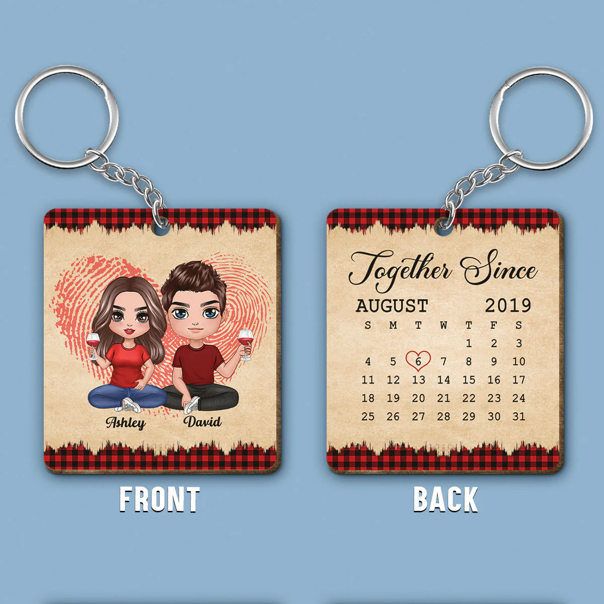 Fingerprint Doll Couple Sitting Checkered Pattern Calendar Anniversary Date Vintage Personalized Wooden Keychain - Image 2