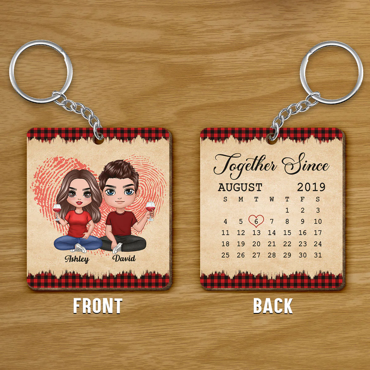 Fingerprint Doll Couple Sitting Checkered Pattern Calendar Anniversary Date Vintage Personalized Wooden Keychain - Image 3