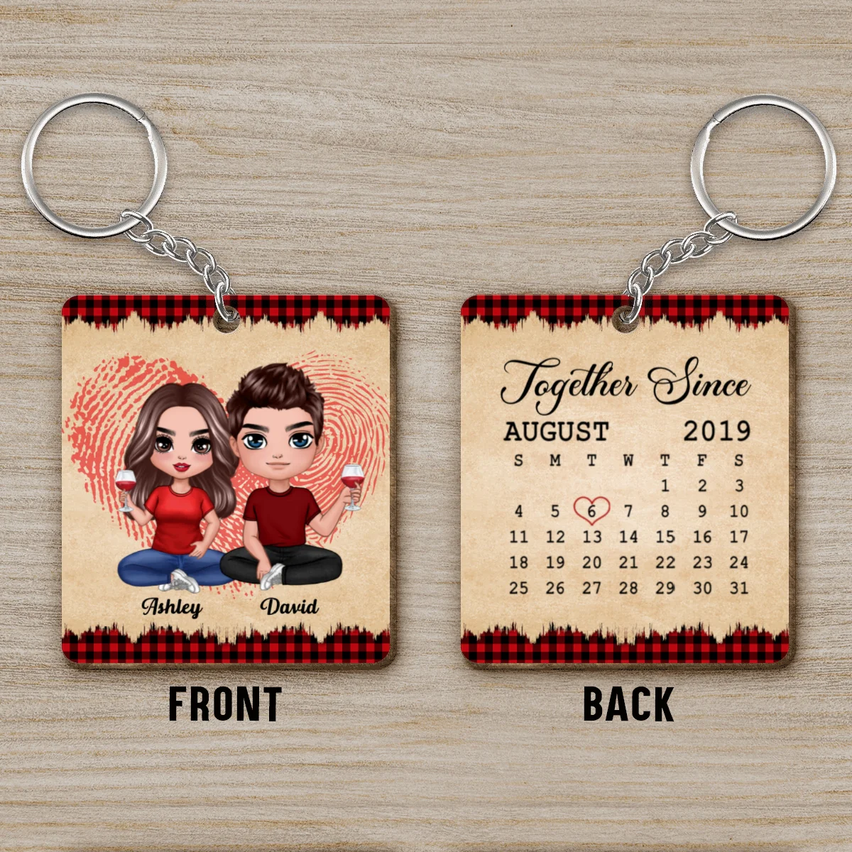 Fingerprint Doll Couple Sitting Checkered Pattern Calendar Anniversary Date Vintage Personalized Wooden Keychain - Image 4