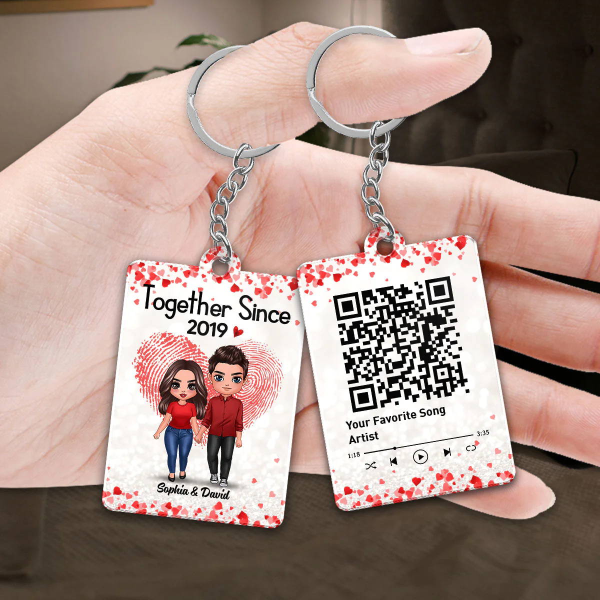 Fingerprint Doll Couple Standing Favorite Song Scannable QR Code Personalized Acrylic Keychain - Image 3
