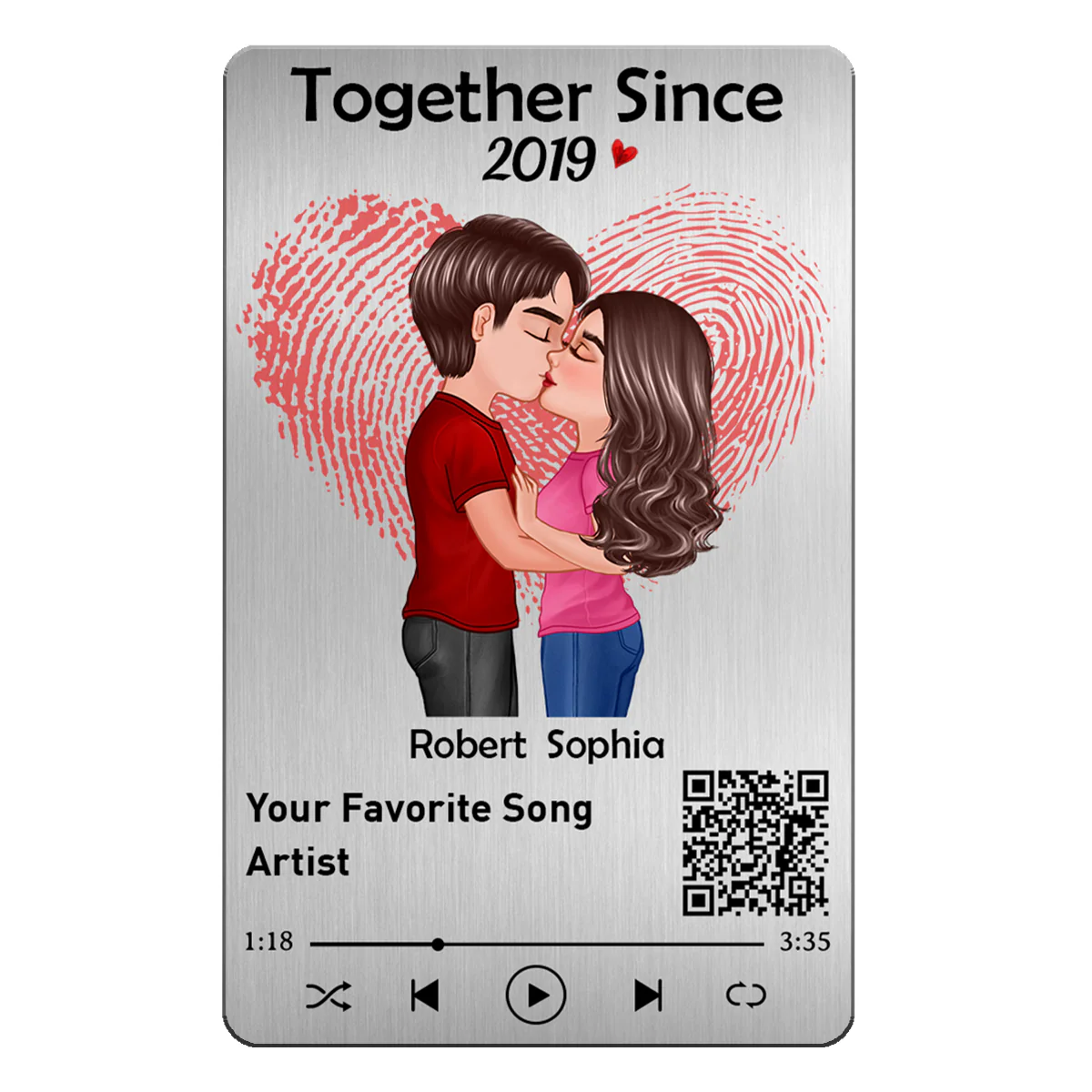 Fingerprint Heart Couple Kissing Favorite Song QR Code Personalized Metal Wallet Card - Image 2