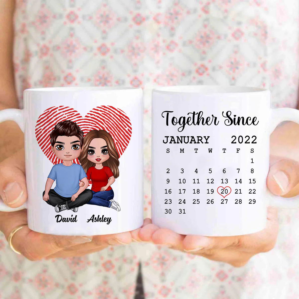 Fingerprint Heart Embracing Doll Couple Sitting Calendar Anniversary Date Gift For Him For Her Personalized Mug - Image 2
