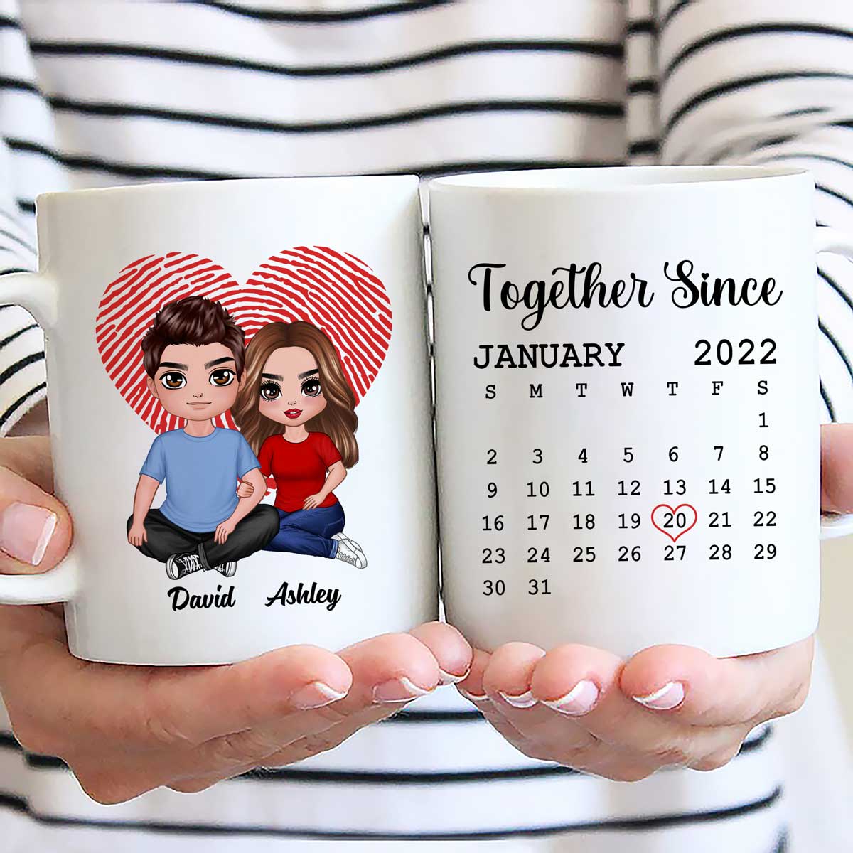 Fingerprint Heart Embracing Doll Couple Sitting Calendar Anniversary Date Gift For Him For Her Personalized Mug - Image 3