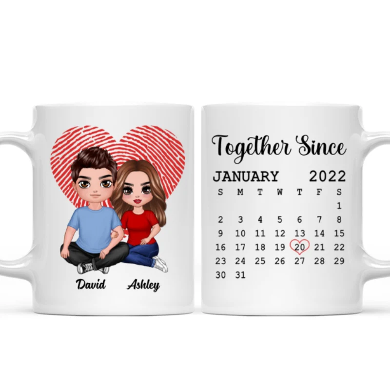 Fingerprint Heart Embracing Doll Couple Sitting Calendar Anniversary Date Gift For Him For Her Personalized Mug - Image 4
