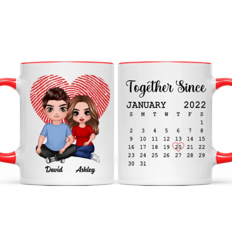 Fingerprint Heart Embracing Doll Couple Sitting Calendar Anniversary Date Gift For Him For Her Personalized Mug - Image 7