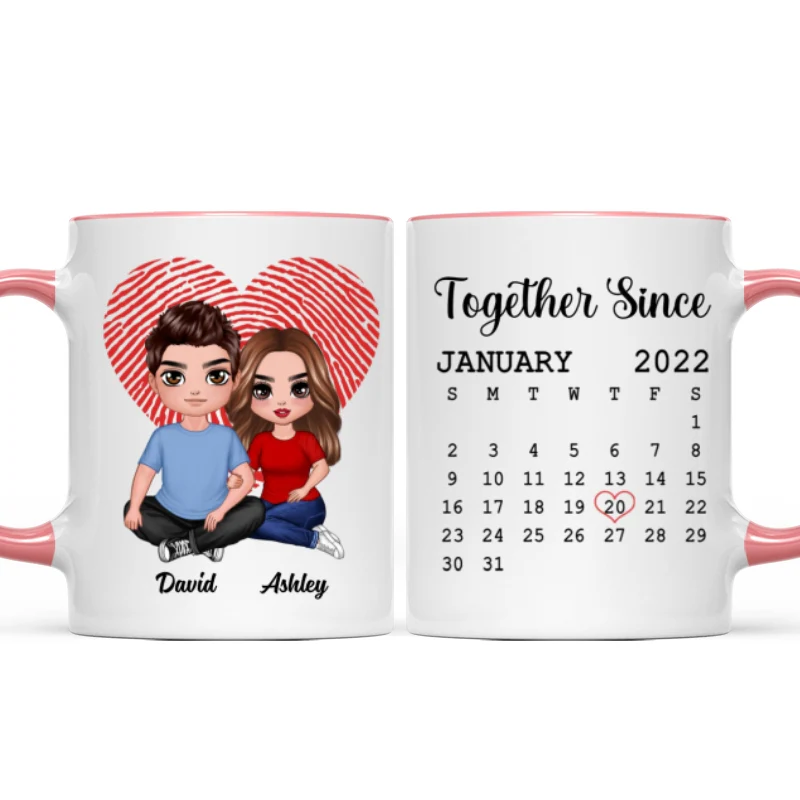 Fingerprint Heart Embracing Doll Couple Sitting Calendar Anniversary Date Gift For Him For Her Personalized Mug - Image 9