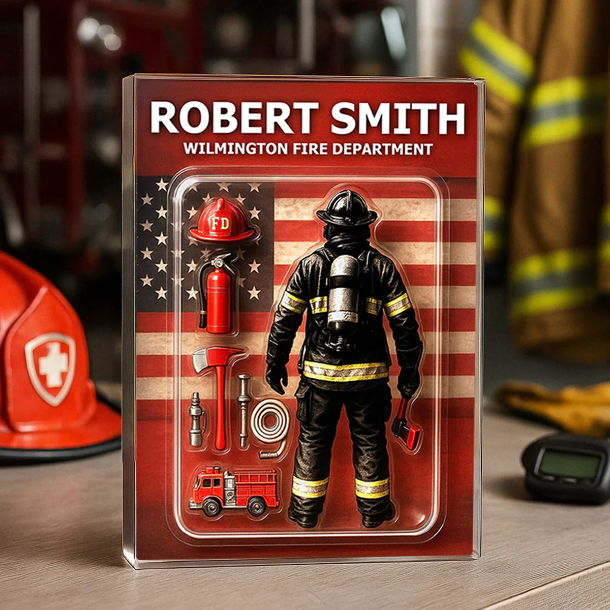 Firefighter Custom Figure Personalized Acrylic Block Plaque, Gift for Dad, Gift for Husband