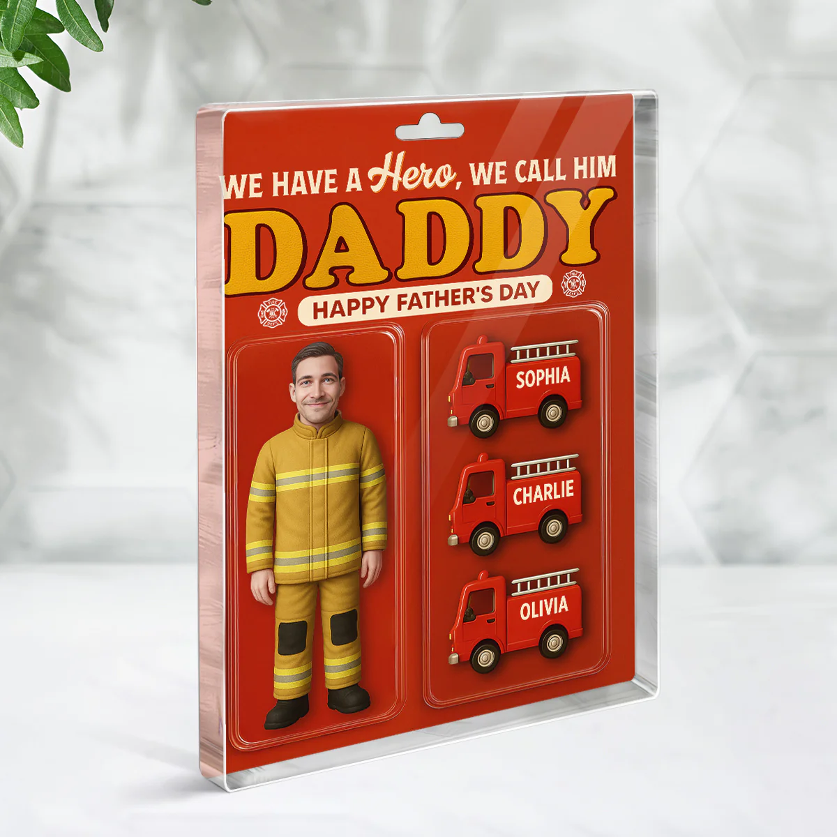 Firefighter Dad Hero Custom Figure 3D Effect Personalized Flat Acrylic Block Plaque, Unique Gift For Dad - Image 4