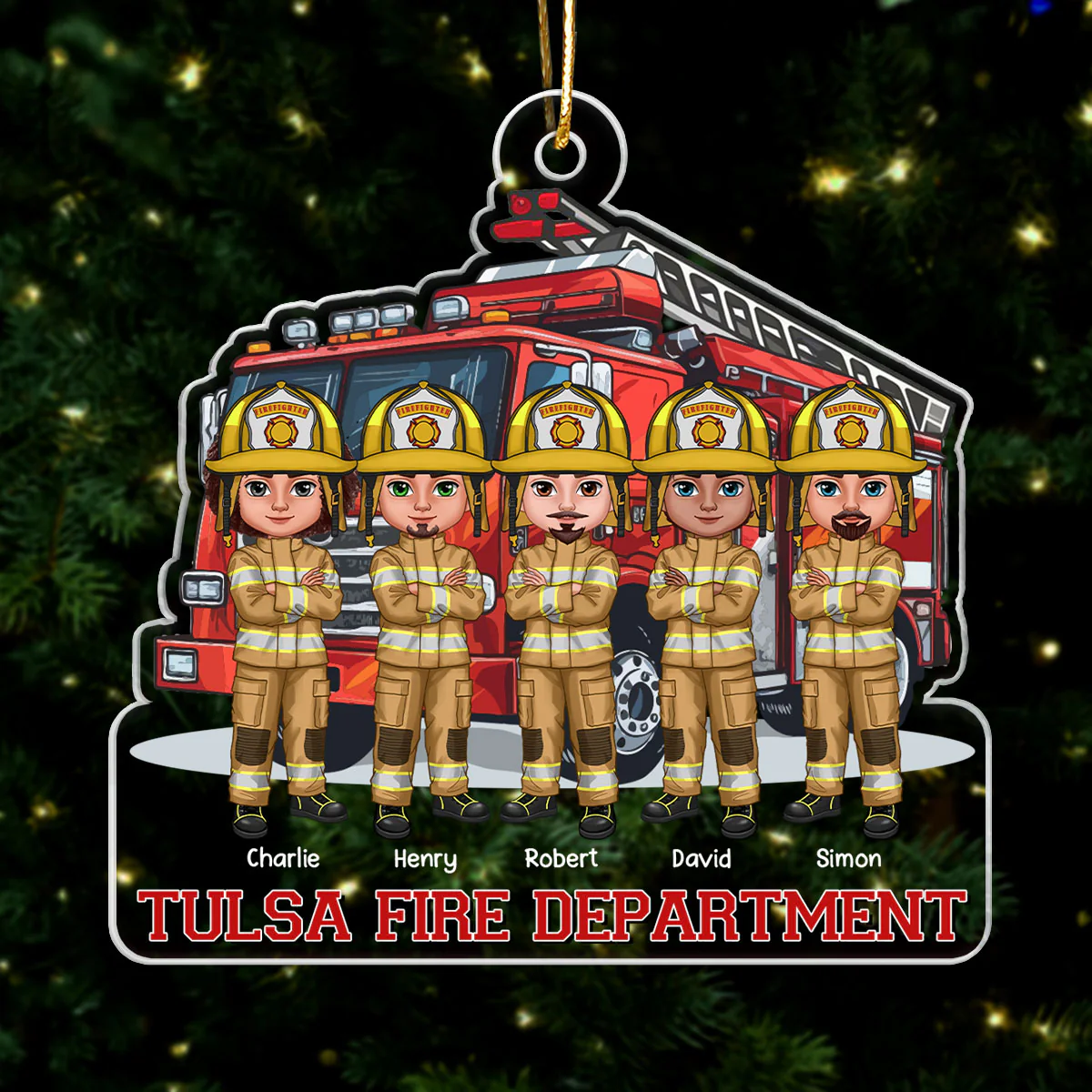 Firefighter Group Squad In Front Of Fire Truck Personalized Acrylic Ornament - Image 4