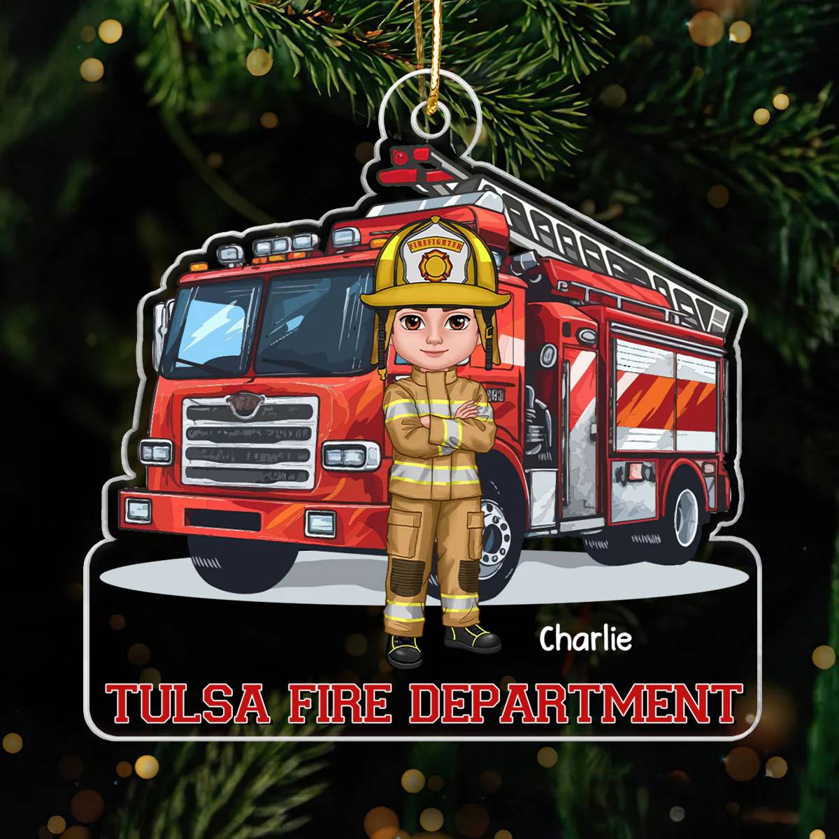 Firefighter Group Squad In Front Of Fire Truck Personalized Acrylic Ornament - Image 5