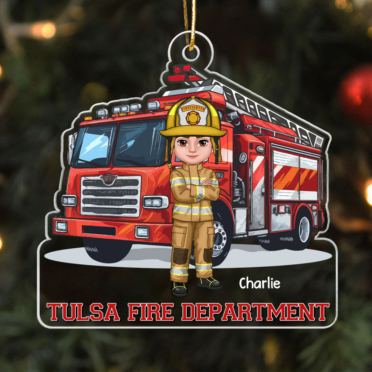 Firefighter Group Squad In Front Of Fire Truck Personalized Acrylic Ornament - Image 6