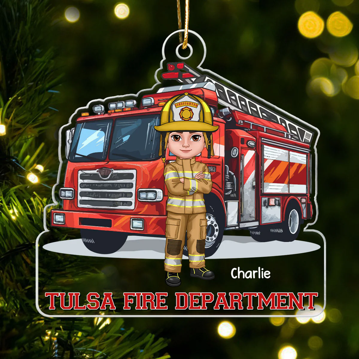 Firefighter Group Squad In Front Of Fire Truck Personalized Acrylic Ornament - Image 7