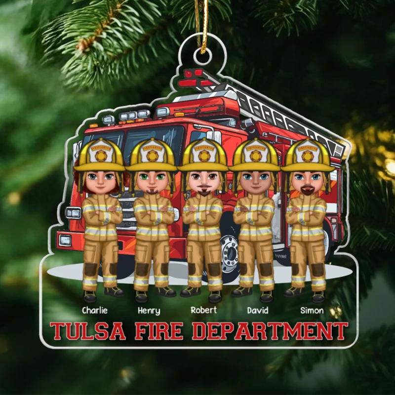 Firefighter Group Squad In Front Of Fire Truck Personalized Acrylic Ornament - Image 9