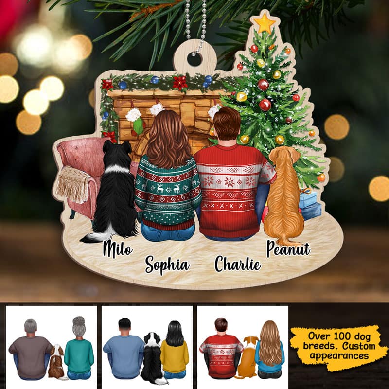 Fireplace Family Couple And Dogs Personalized Wooden Ornament - Image 2