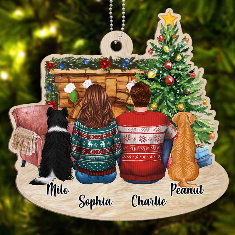Fireplace Family Couple And Dogs Personalized Wooden Ornament - Image 3
