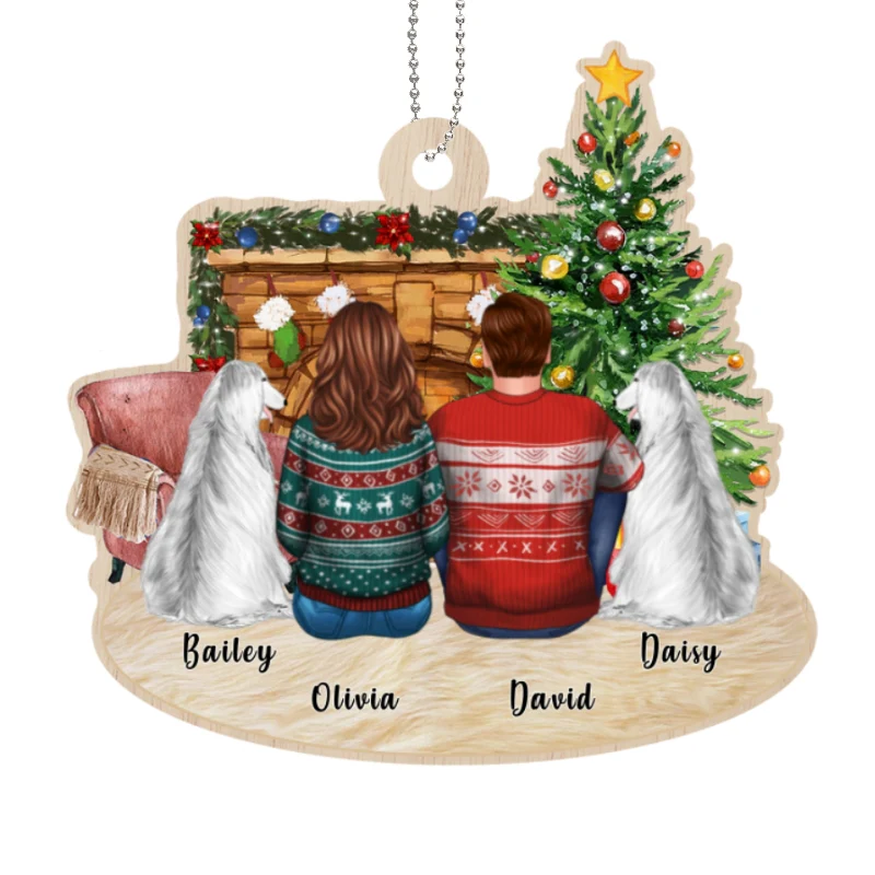Fireplace Family Couple And Dogs Personalized Wooden Ornament - Image 4