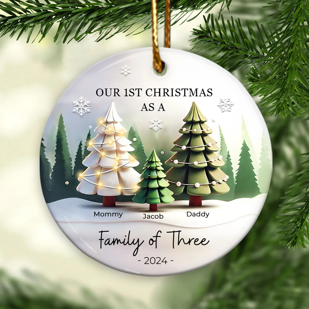 First Christmas As A Family Of 3, 3D Effect Personalized Ceramic Ornament, Christmas Gift For Newborn, New Mom, New Dad - Image 3