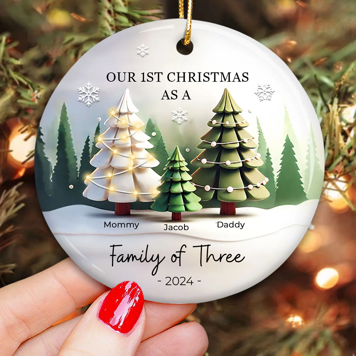First Christmas As A Family Of 3, 3D Effect Personalized Ceramic Ornament, Christmas Gift For Newborn, New Mom, New Dad - Image 4