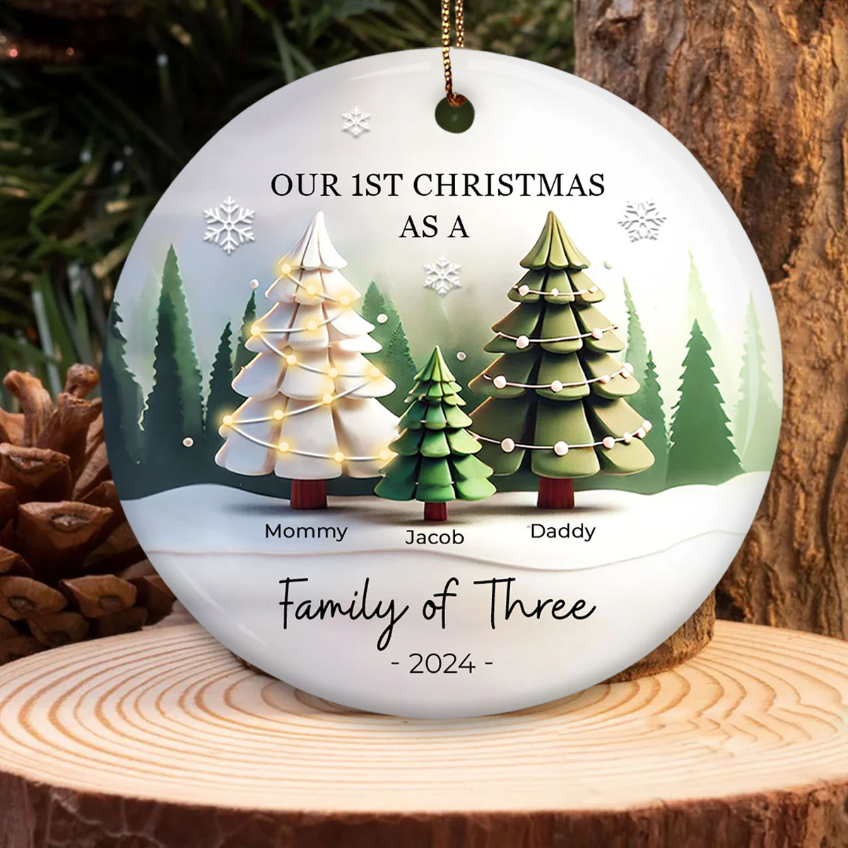 First Christmas As A Family Of 3, 3D Effect Personalized Ceramic Ornament, Christmas Gift For Newborn, New Mom, New Dad - Image 5