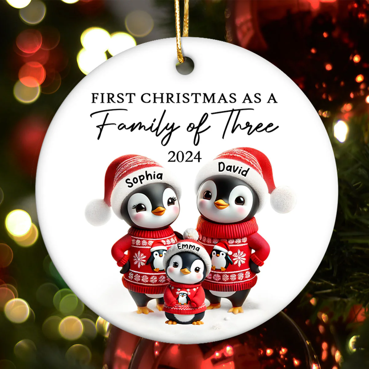 First Christmas As A Family Penguin Family Christmas Keepsake Personalized Ceramic Ornament - Image 5