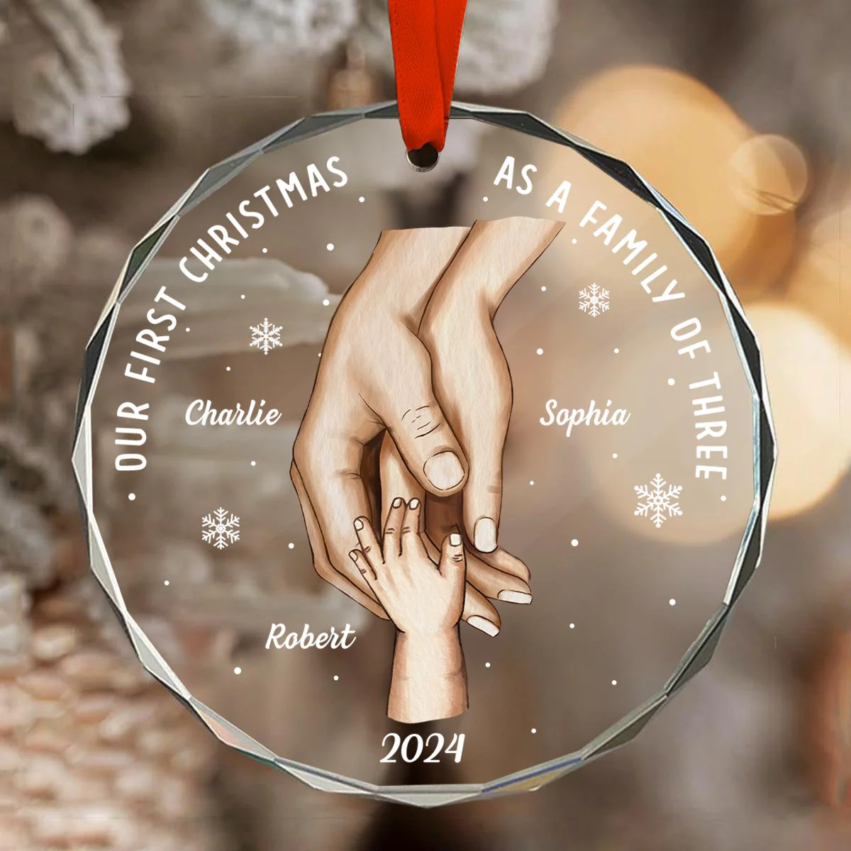 First Christmas As Family Hands On Hands Personalized Glass Ornament - Image 2