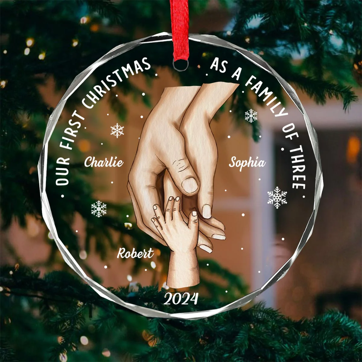 First Christmas As Family Hands On Hands Personalized Glass Ornament - Image 3