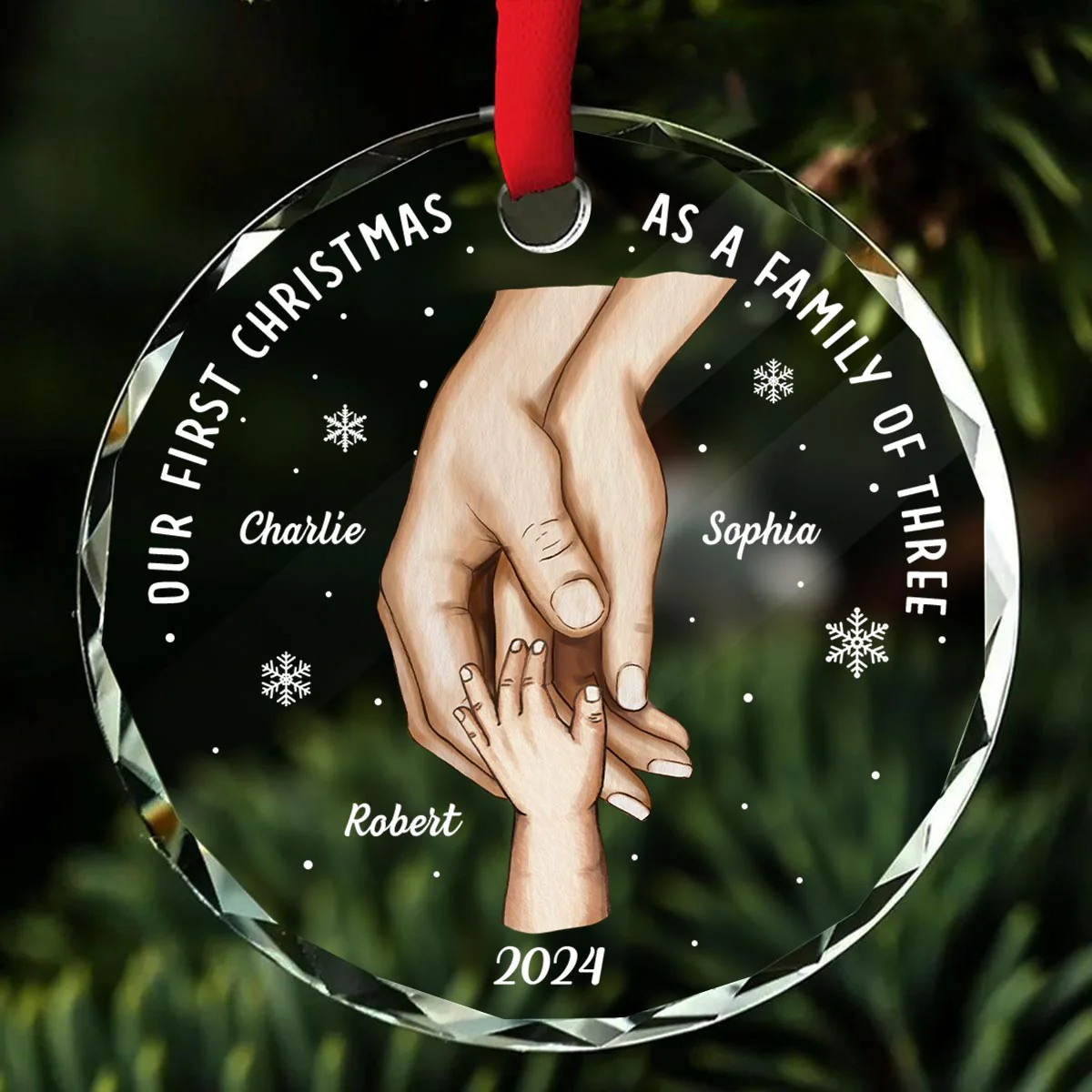 First Christmas As Family Hands On Hands Personalized Glass Ornament - Image 4