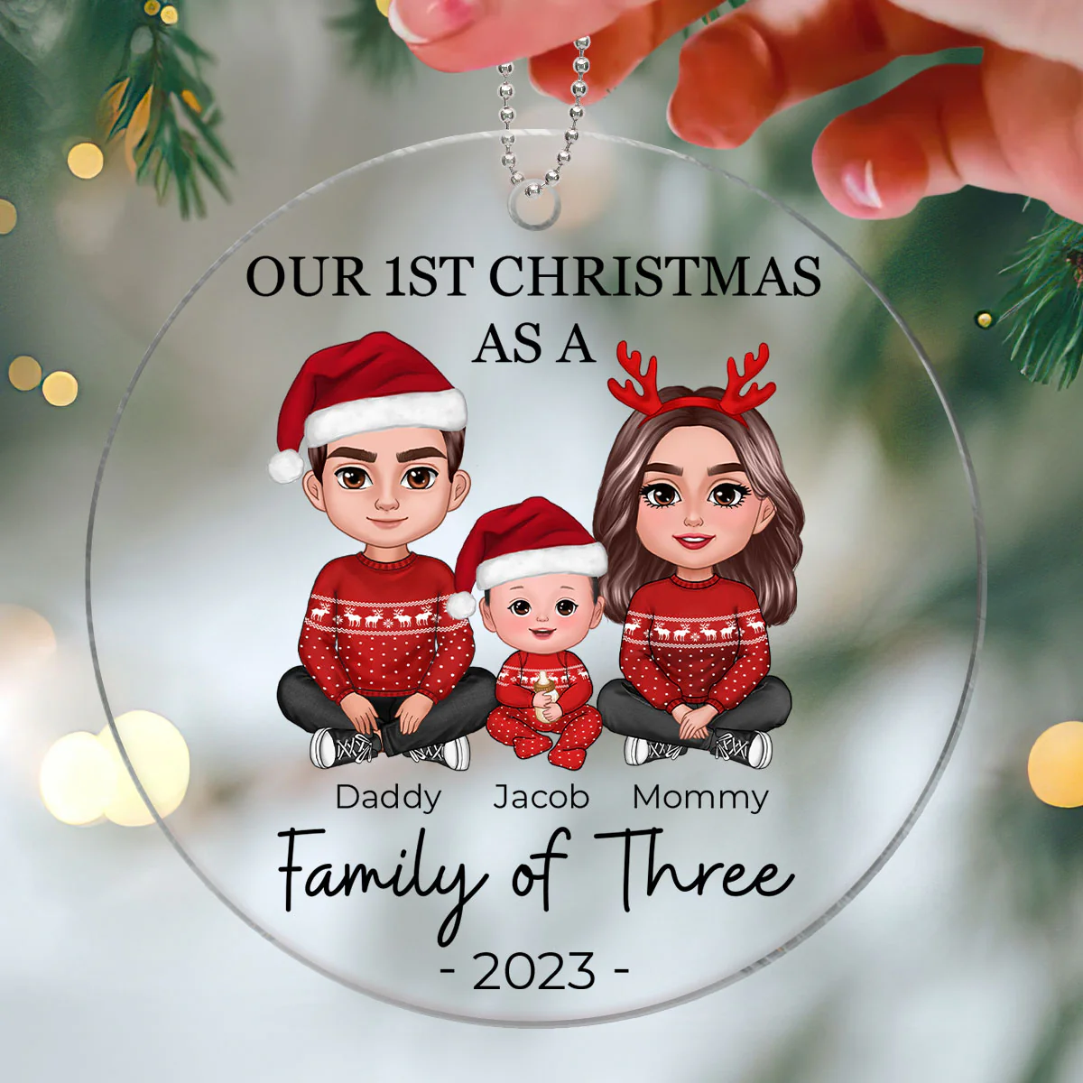 First Christmas As Family Of Three Crossed Legs Personalized Acrylic Ornament - Image 3